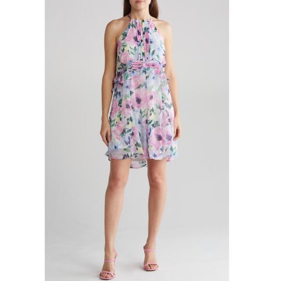 Tahari Dress Womens Size 8 Blue Pink Floral Knife Pleat Chiffon Mini Spring - Picture 1 of 8